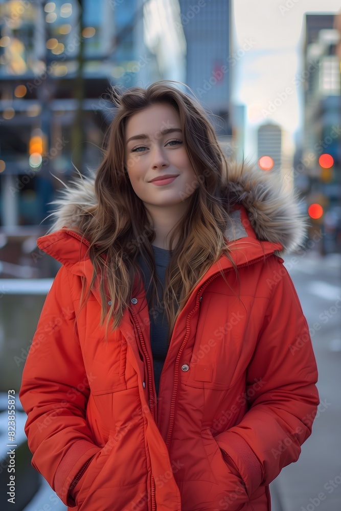 Smiling Woman in Red Jacket in Urban Winter Scene Smiling Woman in Red Jacket in Urban Winter Scene