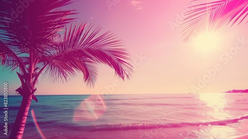 Vibrant pink-tinted tropical beach landscape with palm tree, calm ocean waves, and bright sun creating a serene and colorful sunset scenery.