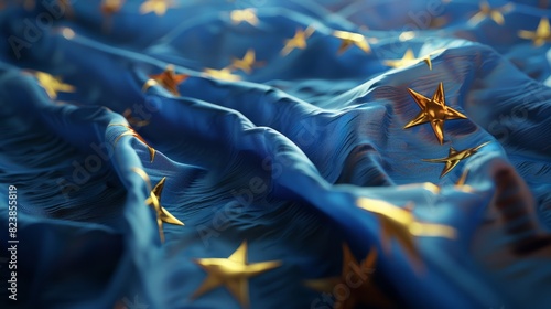 European Union flag ripples in breeze. Concept of unity and cooperation. photo