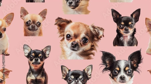 featuring a collage of small dog breeds like Chihuahuas and Pomeranians against a pastel pink background, highlighting their tiny features and lively expressions, Pets, Animal, Cut © Johannes
