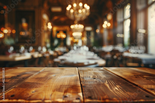 A polished wooden table in the foreground with a blurred background of an elegant restaurant. The background shows beautifully set tables with white linens, stylish chairs and soft ambient lighting  photo