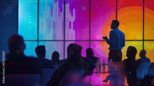 Silhouetted figure presenting data analysis to an audience against a colorful background in a conference setting.