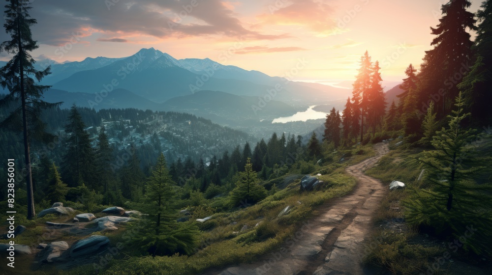 Obraz premium Scenic mountain landscape with a winding path, dense forest, and a serene lake at sunset, perfect for nature enthusiasts and outdoor adventures.
