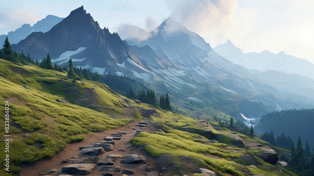 Fototapeta premium A serene mountain path in summer, surrounded by lush greenery and overlooking foggy peaks under a clear blue sky.