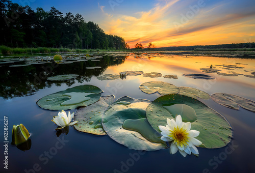 Fototapeta Naklejka Na Ścianę i Meble -  Beautiful summer sunrise with water lily flowers in the lake