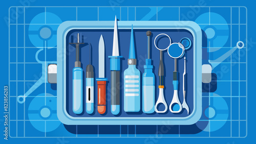 Surgical Instruments Laid Out on Sterile Blue Tray photo
