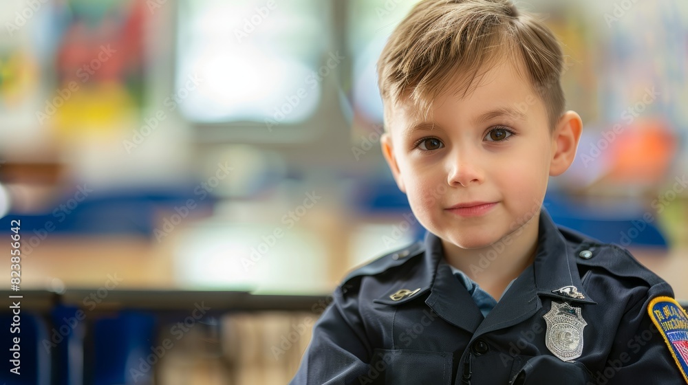 Little boy kid in a police officer suit looking at the camera against blurred school classroom with space for copy