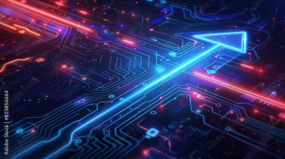Futuristic circuit board with glowing arrow, representing progress and technology. High-tech visual ideal for digital innovation concepts. Futuristic circuit board with glowing arrow, representing progress and technology. High-tech visual ideal for digital innovation concepts.