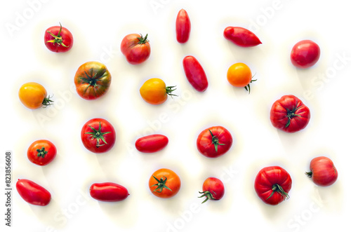 Red and yellow tomatoes, fresh farm tomatoes of various colors and cultivar on a white background. Top view, flat lay