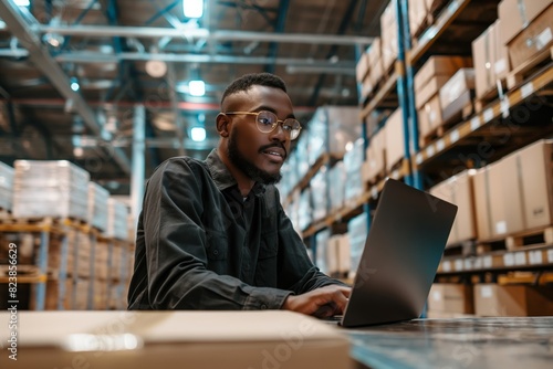 Man using laptop in warehouse setting