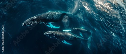 A family of humpback whales nursing their young in the warm waters of a tropical lagoon photo