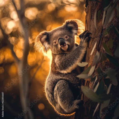 Koala bear is holding on a tree with trees on background during golden hour lighting