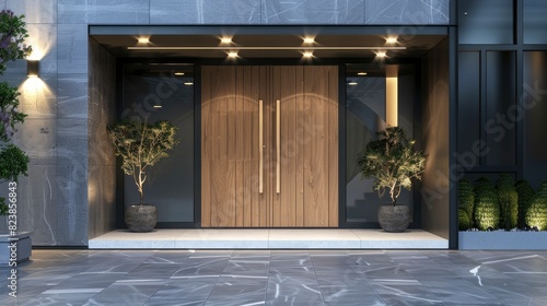 Modern double door entrance with wood grain, gray wall background photo