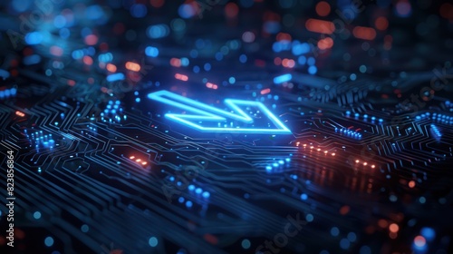 Futuristic glowing arrow on a dark circuit board representing advanced technology and direction in a digital environment. photo