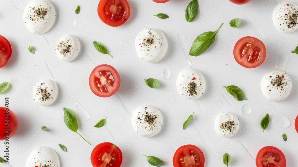 Fresh Caprese Salad Ingredients Floating in Minimalist Pattern for Modern Culinary Design Fresh Caprese Salad Ingredients Floating in Minimalist Pattern for Modern Culinary Design