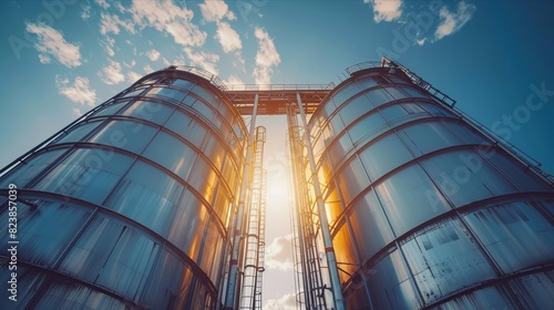 Rural landscape with modern storage silos under a beautiful sunset sky