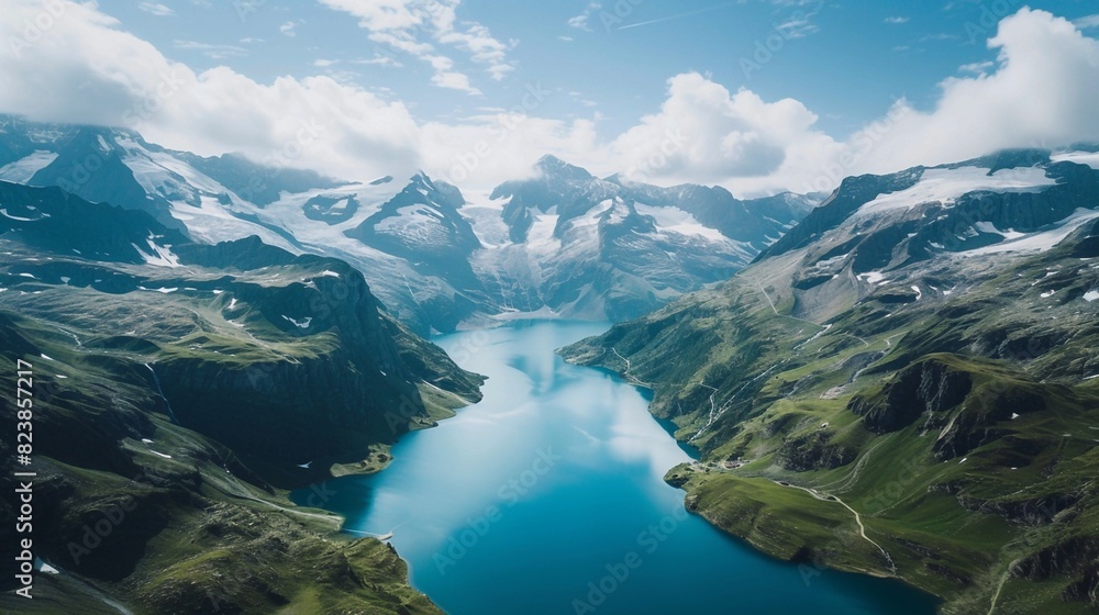 Majestic Alpine Landscape: Serene Lake Amidst Snow-Capped Peaks. Generative AI
