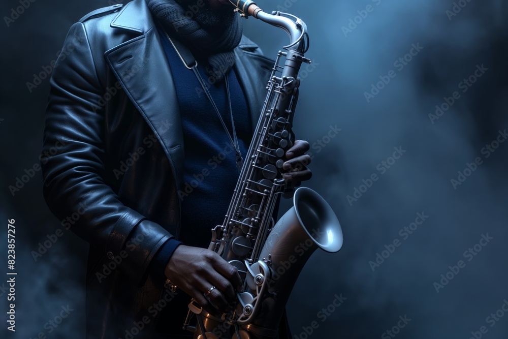 Obraz premium Saxophonist with sax in atmospheric smoke