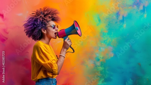 Woman Announcing with Megaphone on monochrome vibrant background with copy space photo