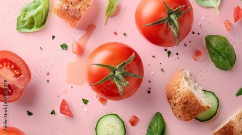 Fresh Panzanella Salad Ingredients in a Stylish Banner - Tomato, Basil, Bread, and Cucumber for Print, Card, Poster Design