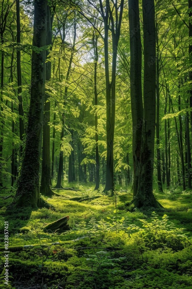 Beech forest in spring, with tall trees and green leaves, sunlight filtering through the canopy, a sense of tranquility and natural beauty.