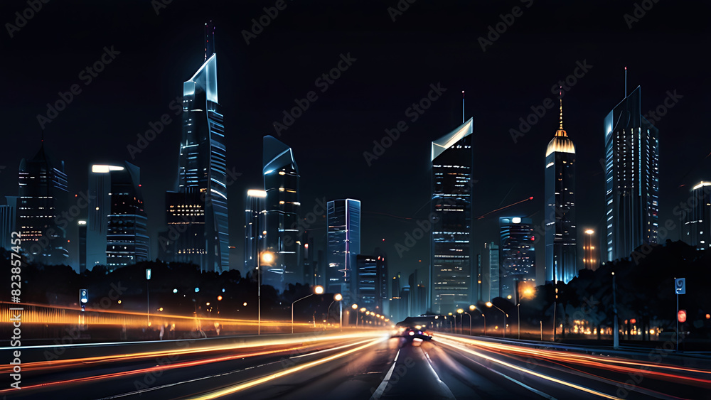 Fototapeta premium Image of Blurry view of city traffic lights and car at night for background wallpaper.- Generated AI