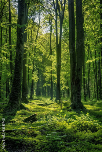 Beech forest in spring  with tall trees and green leaves  sunlight filtering through the canopy  a sense of tranquility and natural beauty.