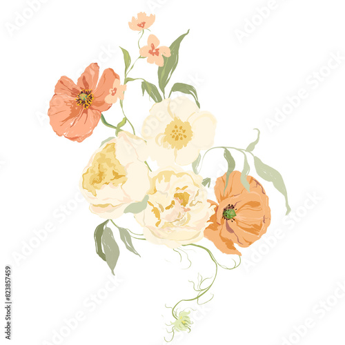Watercolor abstract flower bouquet of poppy, narcissus and peony. Hand drawn floral card of wildflowers isolated on white background. Holiday Illustration for design, print, fabric or background.