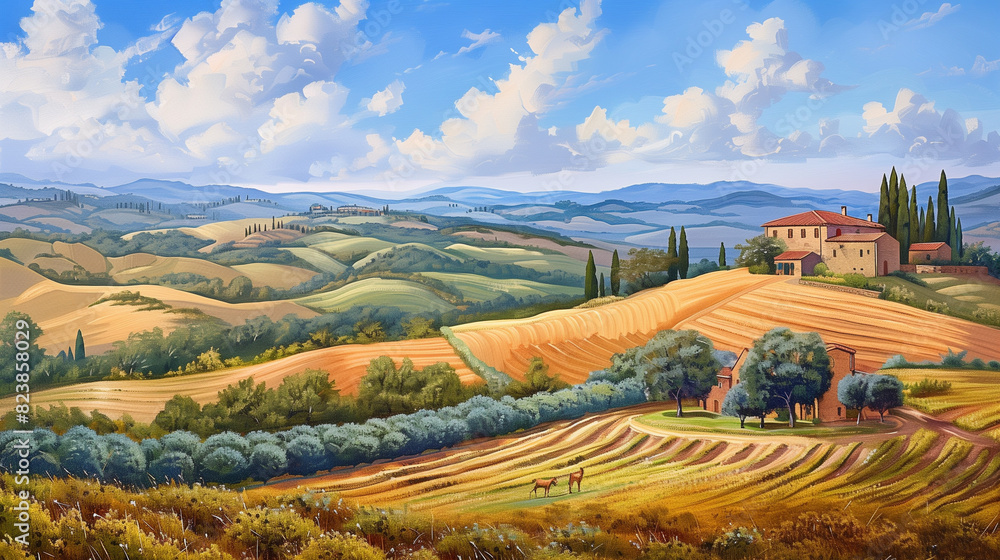 Fototapeta tuscan cypresses, picturesque hills, meandering pathway, and a charming villa illuminated by the typical sunlight in Tuscany, Italy