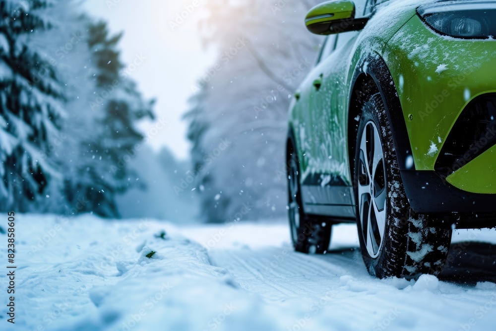 Eco-Friendly Transportation: Green Electric Car Conquering Winter Roads