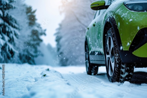 Eco-Friendly Transportation: Green Electric Car Conquering Winter Roads