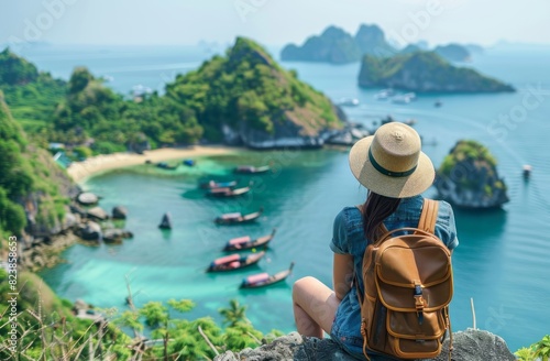 A woman sitting on top of an island, overlooking a beautiful blue sea and green landscape in Thailand with boats floating in the far distance