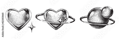 Chrome photocopy heart print set, vector y2k retro futuristic love shapes, cosmic grain halftone kit. Dot texture space sticker, February Valentine stamps, silver grunge noise shape. Heart print art