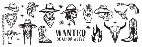 Wild West icon set, vector grunge Texas cowboy tattoo, boho hand drawn American engraving sticker. Vintage linocut western print kit, doodle cowgirl portrait, boots, gun, skull. Wild West collection