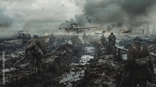 World war first. Soldiers are in trenches. Beautiful illustration picture. Generative AI