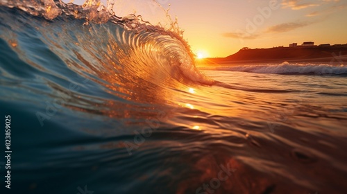 Golden Sunset Waves: Capturing the Majestic Beauty of Ocean Swells at Dusk. Generative AI
