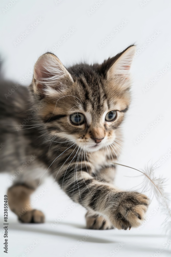 A kitten is playing with a feather, its paw is extended