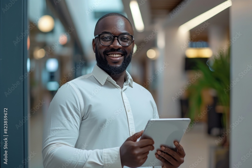 African American man manager in office building corridor holding tablet using app for business smiling African American man manager in office building corridor holding tablet using app for business smiling