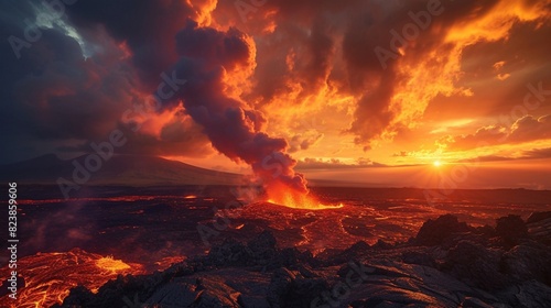Sunset Over Active Volcanic Eruption Landscape. Generative AI photo