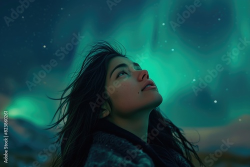 Awe-Struck Woman Gazing at Aurora Borealis in Iceland