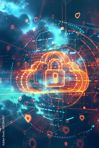 A padlock icon hovering in the center with a cloud shape in the background, surrounded by digital shields and encrypted codes, signifying robust cloud security and data protection.