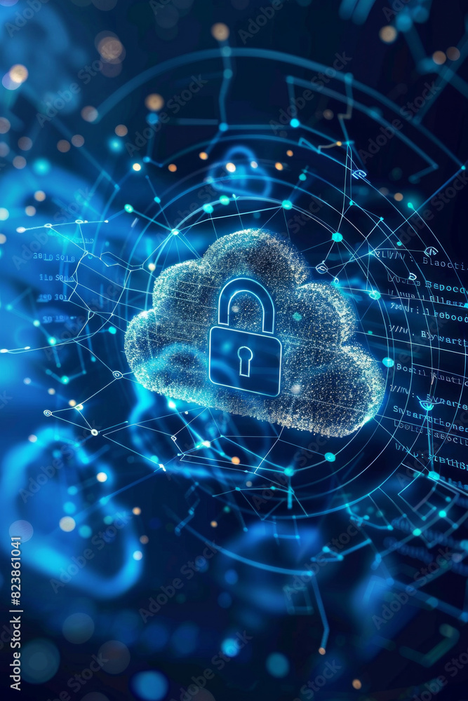 A padlock icon hovering in the center with a cloud shape in the background, surrounded by digital shields and encrypted codes, signifying robust cloud security and data protection. A padlock icon hovering in the center with a cloud shape in the background, surrounded by digital shields and encrypted codes, signifying robust cloud security and data protection.