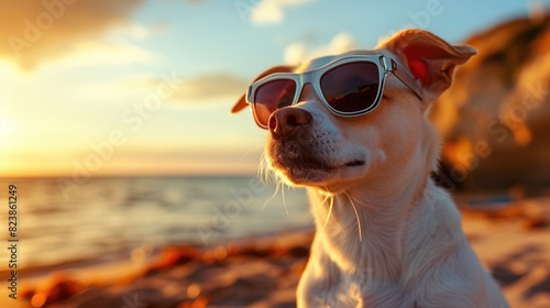 Chill Out: Dog's Beach Style with Trendy Sunglasses © Andrii 