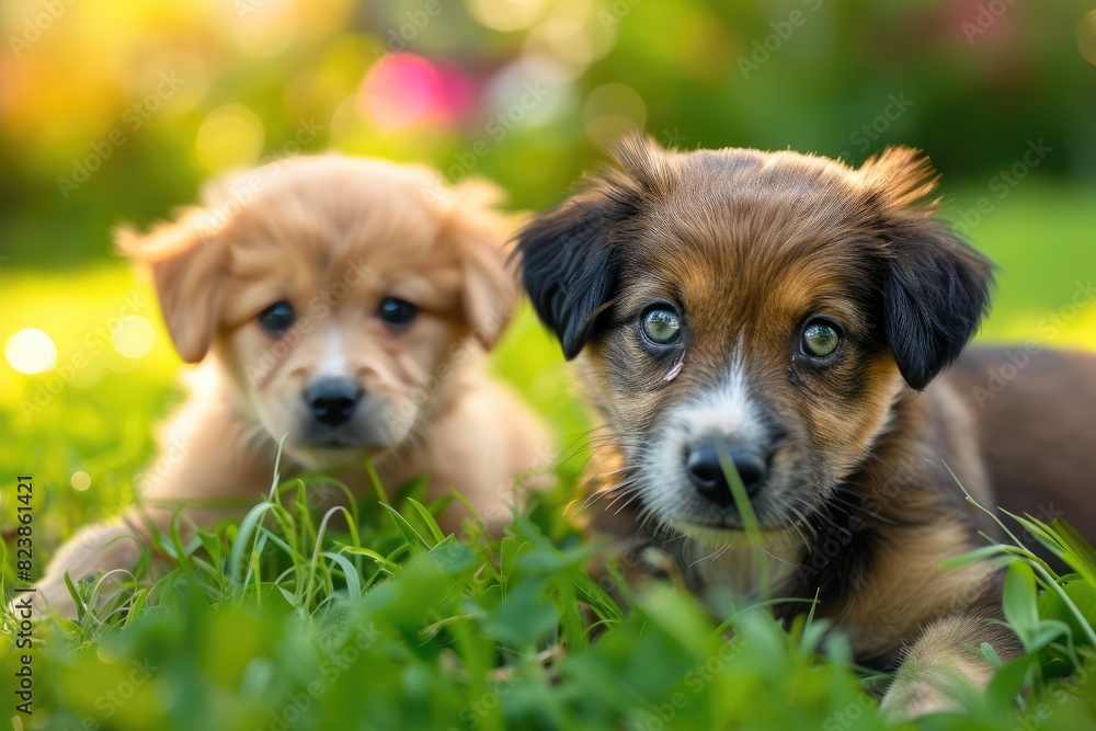 Happy puppies playing in lush grass