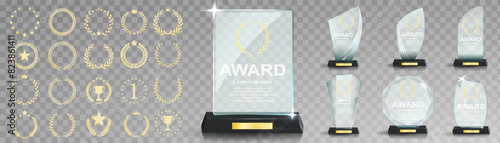 Glass award trophy set. Transparent prize template. Winner first place concept. Vector illustration. Winner glass trophy. First place award, crystal prize and signed acrylic trophies. Glass awarding t