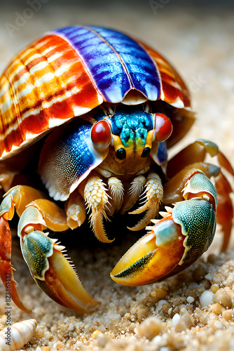 Hermit Crab on the beach blurred bokeh background created using generative AI tools photo