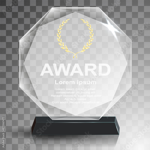 Glass award trophy set. Transparent prize template. Winner first place concept. Vector illustration. Winner glass trophy. First place award, crystal prize and signed acrylic trophies. Glass awarding t