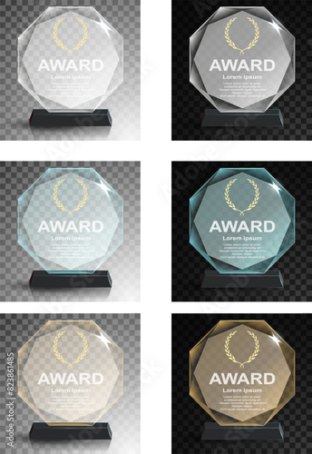 Glass award trophy set. Transparent prize template. Winner first place concept. Vector illustration. Winner glass trophy. First place award, crystal prize and signed acrylic trophies. Glass awarding t