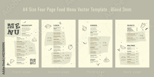Restaurant cafe menu, template design. A4 size, Four page food menu template