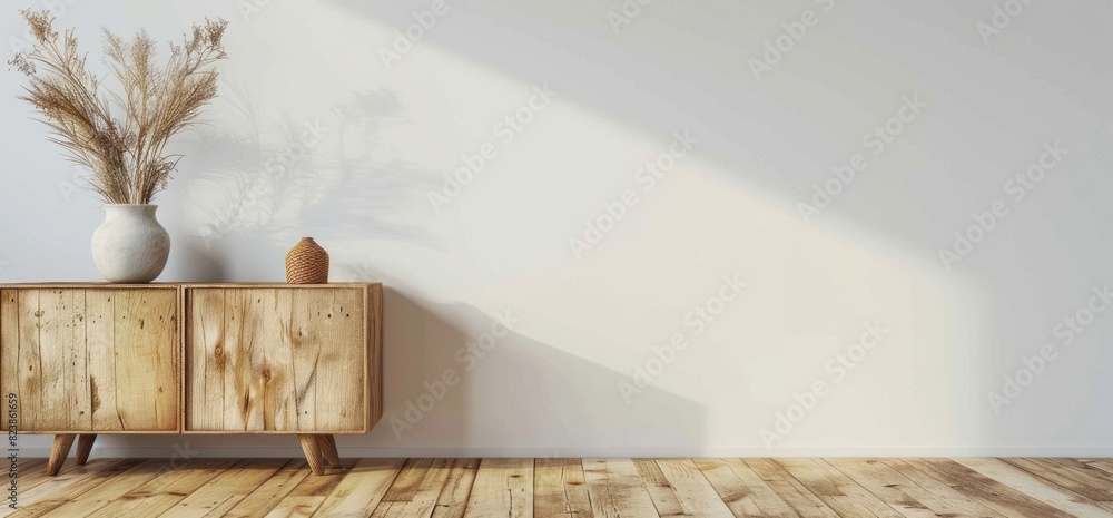 A wooden sideboard on the left against a white wall background in an interior design scene depicting a minimalist style and simple composition with bright light A wooden sideboard on the left against a white wall background in an interior design scene depicting a minimalist style and simple composition with bright light
